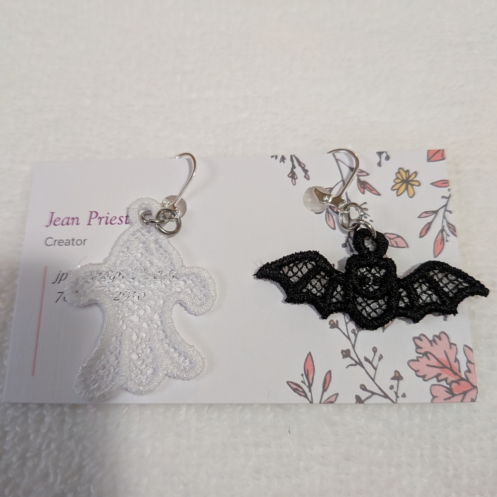 Black and White Lace Bat and Ghost Earrings